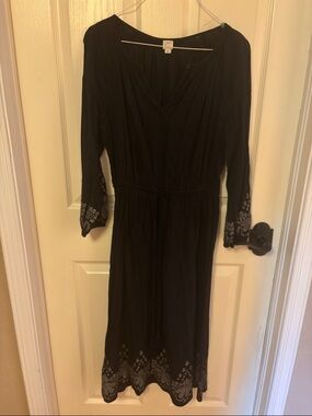 LOFT Black Long Sleeve Embroidered Midi Dress